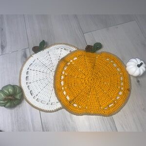 4 Crochet Pumpkin Placemats in White and Orange